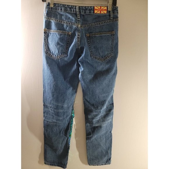 Machine Jeans Nouvelle Mode Straight Leg Distressed Sz 25 Green Sequins Italy 39 - Picture 2 of 8